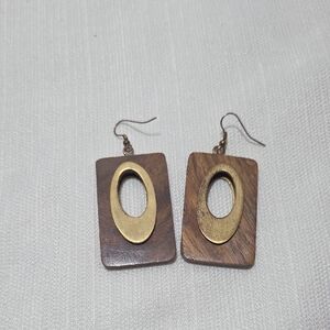 Artisan Brass and Brown Wood Oval Earrings